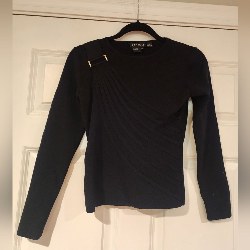Radzoli stretchy black long sleeve dress top with buckle detail M